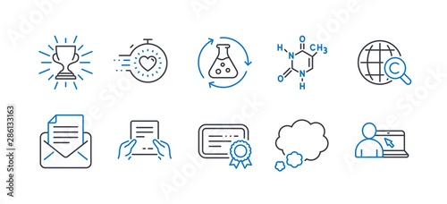 Set of Education icons, such as Timer, International Ð¡opyright, Talk bubble, Receive file, Chemistry experiment, Trophy, Mail correspondence, Chemical formula, Certificate line icons. Vector