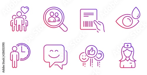 Waiting, Like and Friendship line icons set. Search employees, Eye drops and Parcel invoice signs. Smile face, Hospital nurse symbols. Service time, Social media likes. People set. Vector