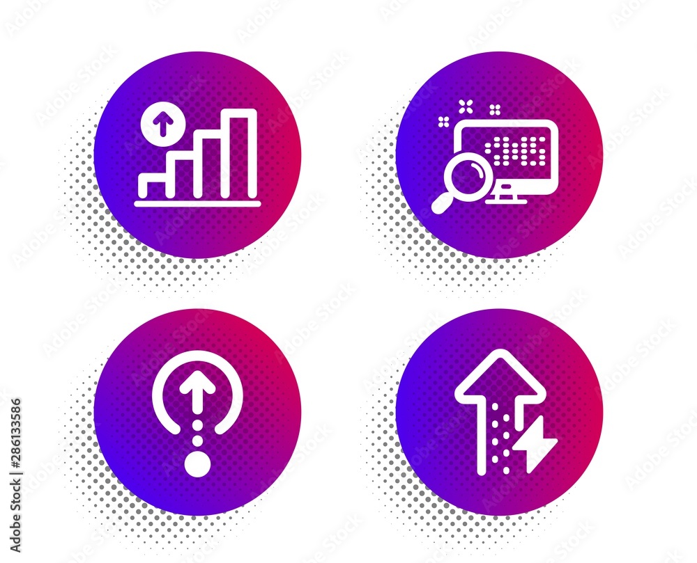 Swipe up, Search and Graph chart icons simple set. Halftone dots button. Energy growing sign. Scrolling page, Find file, Growth report. Power usage. Technology set. Classic flat swipe up icon. Vector Swipe up, Search and Graph chart icons simple set. Halftone dots button. Energy growing sign. Scrolling page, Find file, Growth report. Power usage. Technology set. Classic flat swipe up icon. Vector