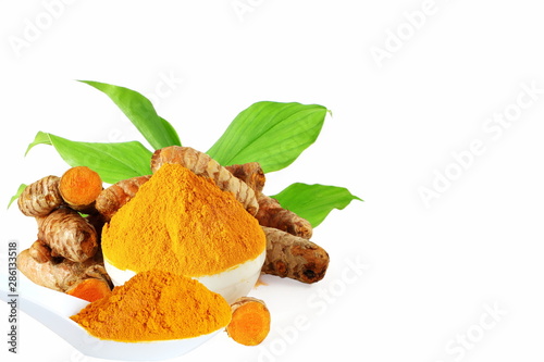 turmeric root,turmeric powder,turmeric plant/green leaves, isolated on white background