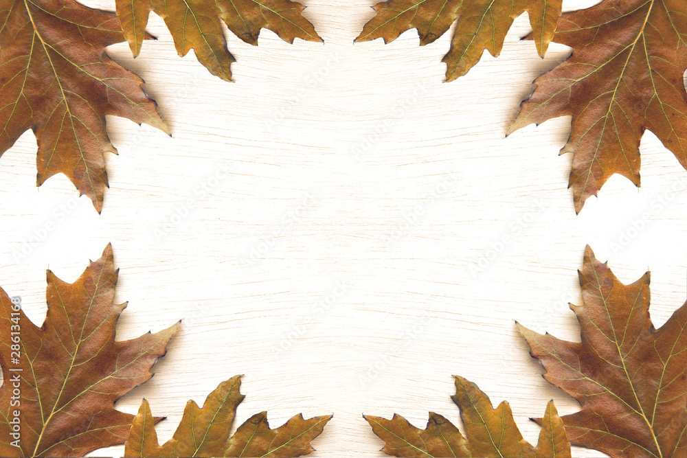 Autumn frame from of dry leaves  on a wooden table .Copy space for your text.