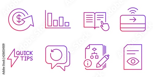 Dollar exchange, Algorithm and Recovery data line icons set. Histogram, Quickstart guide and Read instruction signs. Contactless payment, View document symbols. Money refund, Project. Vector