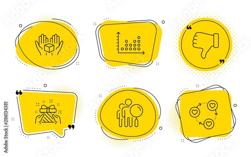 Dislike hand, Hold box and Friends community signs. Chat bubbles. Dot plot, Search people and Gift line icons set. Presentation graph, Find employee, Present. Thumbs down. Business set. Vector
