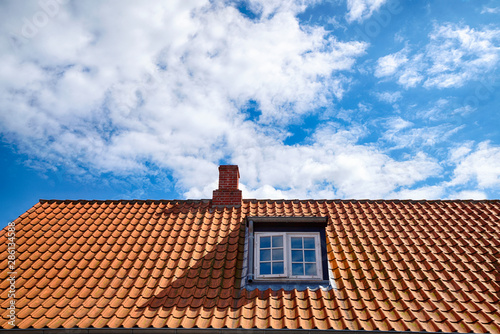 Canvas Print Tiled red roof with a rooftop window