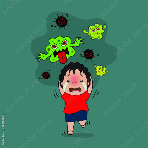 The red shirt boy ran away from the disease because he didn't want to be flu,on a green background.
