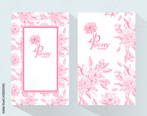 Peony Studio packaging mock up set. Trendy luxury product branding template with label Peony. Romantic design for natural cosmetics, perfume, women products.	