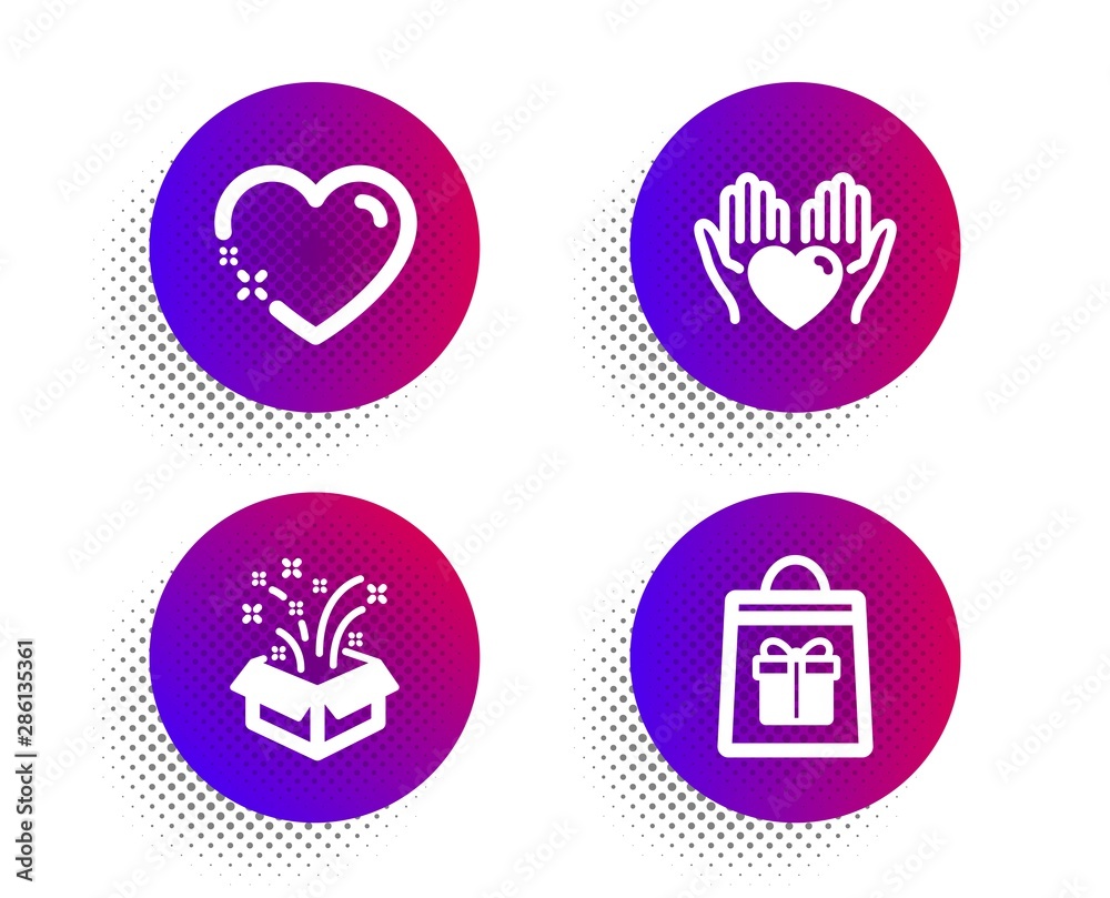 Gift, Hold heart and Heart icons simple set. Halftone dots button. Holidays shopping sign. New year, Care love, Love. Gifts bag. Holidays set. Classic flat gift icon. Vector