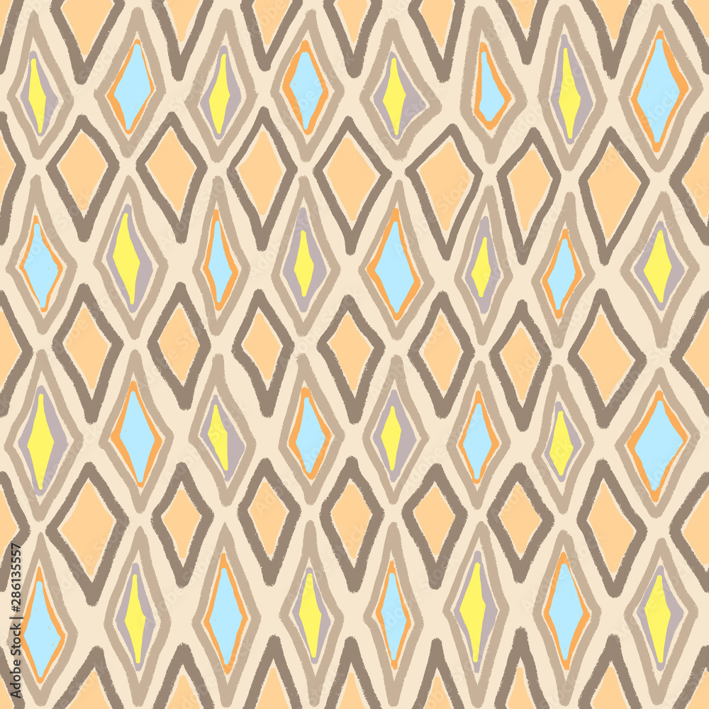 Fototapeta premium Abstract, seamless, geometric background in festive style, hand-drawn. The template can be used for Wallpaper, postcards, envelopes, cover fills, web page background, surface textures.