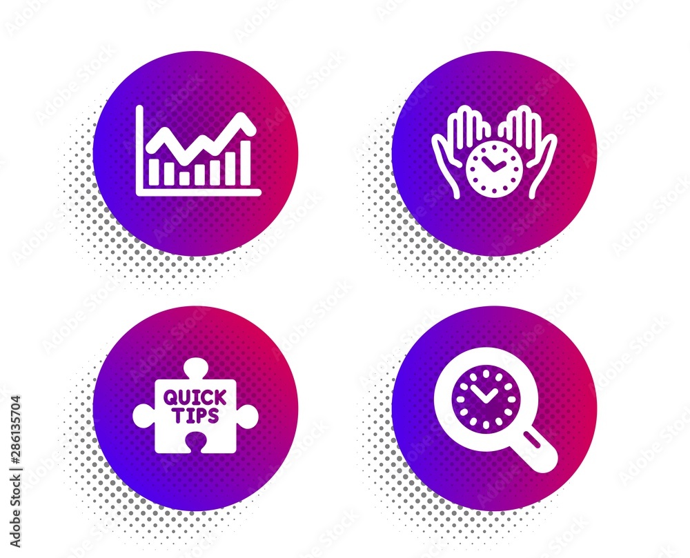 Infochart, Safe time and Quick tips icons simple set. Halftone dots button. Time management sign. Stock exchange, Hold clock, Tutorials. Science set. Classic flat infochart icon. Vector