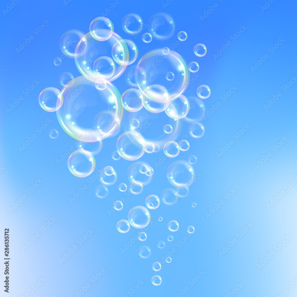 Realistic transparent floating soap bubbles with rainbow reflection. Design element for advertising booklet, flyer or poster