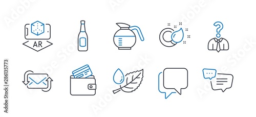Set of Business icons, such as Coffeepot, Hiring employees, Refresh mail, Beer, Paint brush, Talk bubble, Leaf dew, Augmented reality, Debit card, Text message line icons. Line coffeepot icon. Vector