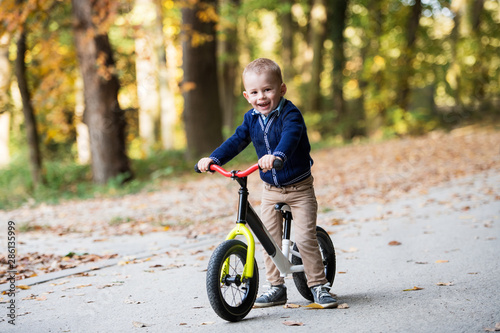 Fototapeta Naklejka Na Ścianę i Meble -  Small toddler boy in autumn forest, riding balance bike.