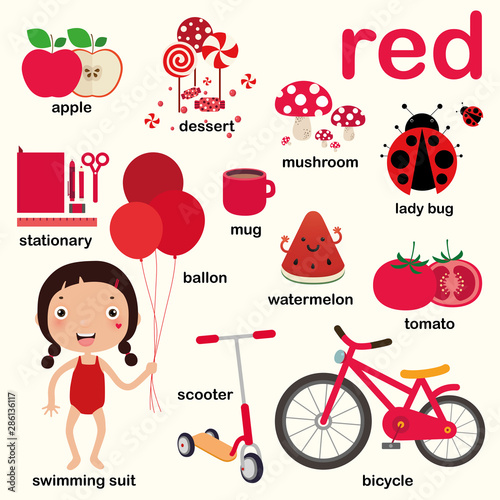 Learn red color, Educate color and vocabulary set, Illustration of primary colors, Vector illustration photo