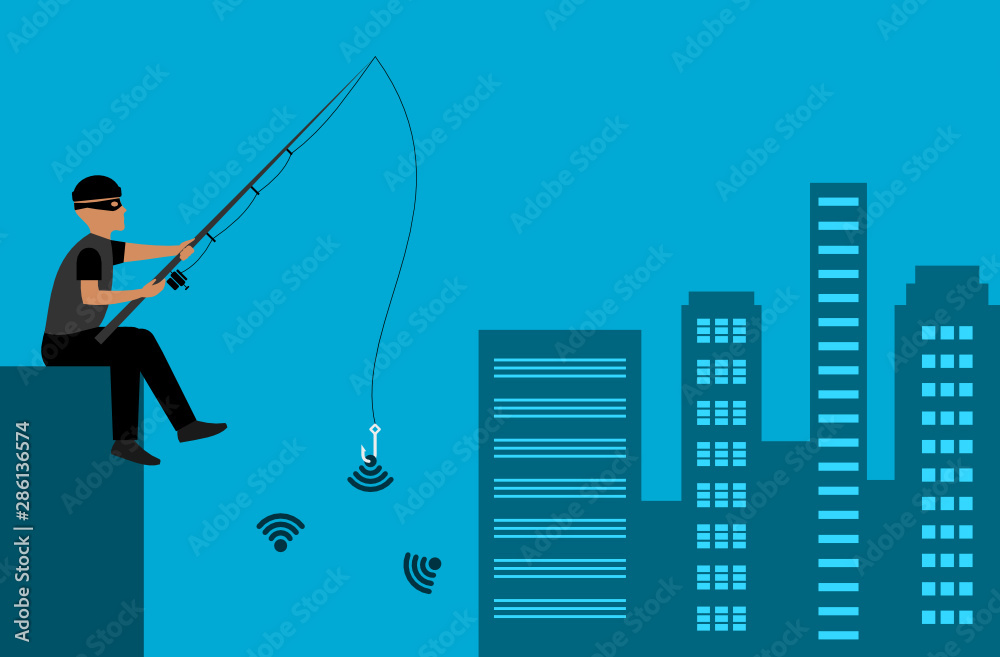A thief is stealing wifi with fishing rod. Masked man with fishing rod  phishing in the city. Phishing attack, fishing, hacker, web security, cyber  thief, electronic crime, scam. Online fraud concept. Stock