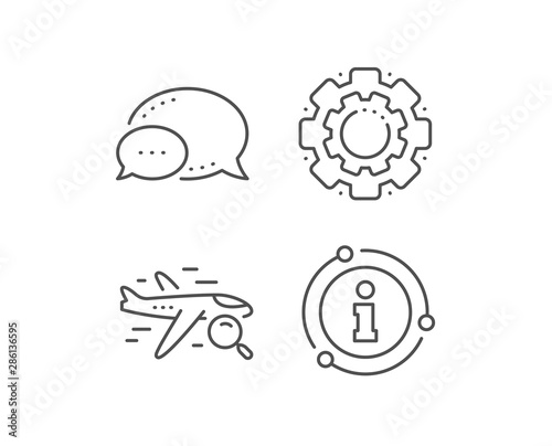 Search flight line icon. Chat bubble, info sign elements. Find travel sign. Magnify glass. Linear search flight outline icon. Information bubble. Vector © blankstock