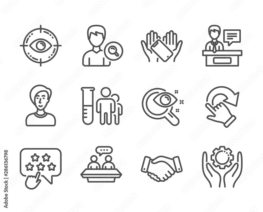 Set of People icons, such as Smartphone holding, Businesswoman person, Vision test, Employee hand, Employees handshake, Search people, Ranking star, Medical analyzes, Employees talk. Vector Set of People icons, such as Smartphone holding, Businesswoman person, Vision test, Employee hand, Employees handshake, Search people, Ranking star, Medical analyzes, Employees talk. Vector