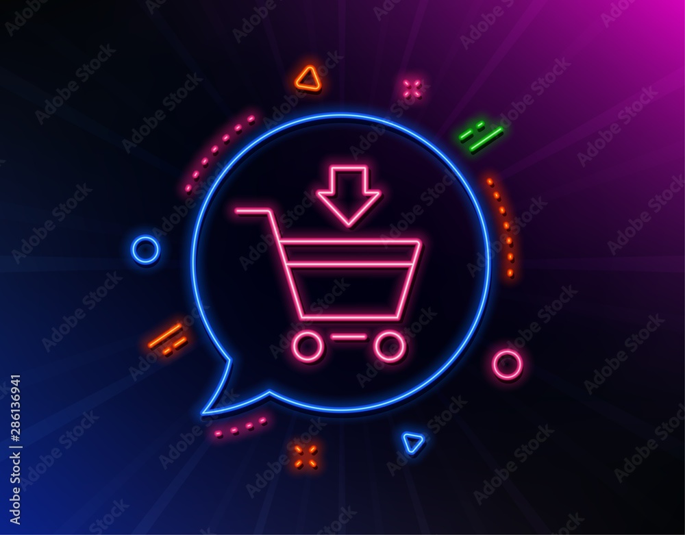 Add to Shopping cart line icon. Neon laser lights. Online buying sign.  Supermarket basket symbol. Glow laser speech bubble. Neon lights chat  bubble. Banner badge with online market icon. Vector Stock Vector
