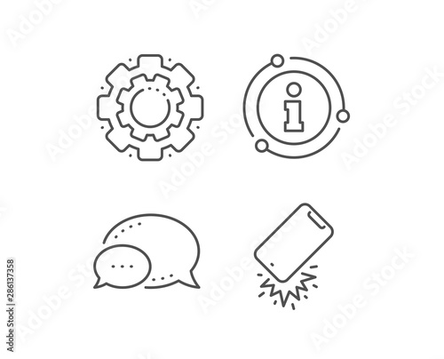Smartphone falling line icon. Chat bubble, info sign elements. Phone crash sign. Mobile device fall symbol. Linear smartphone broken outline icon. Information bubble. Vector