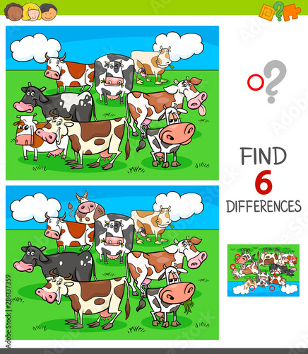 differences game with cows animal characters