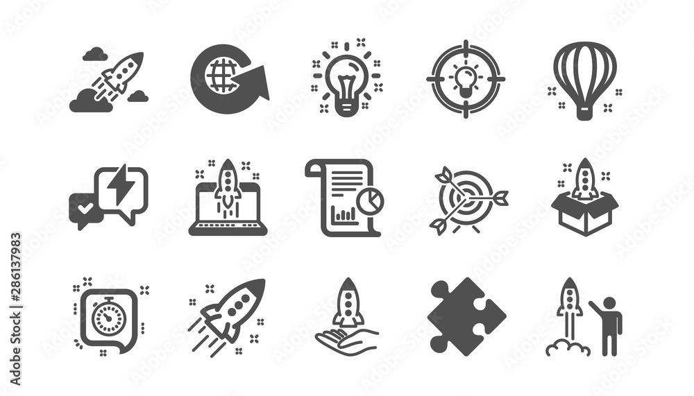 Startup icons. Launch Project, Business report and Target. Strategy classic icon set. Quality set. Vector