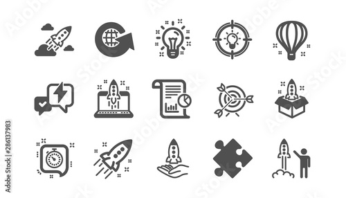 Startup icons. Launch Project  Business report and Target. Strategy classic icon set. Quality set. Vector