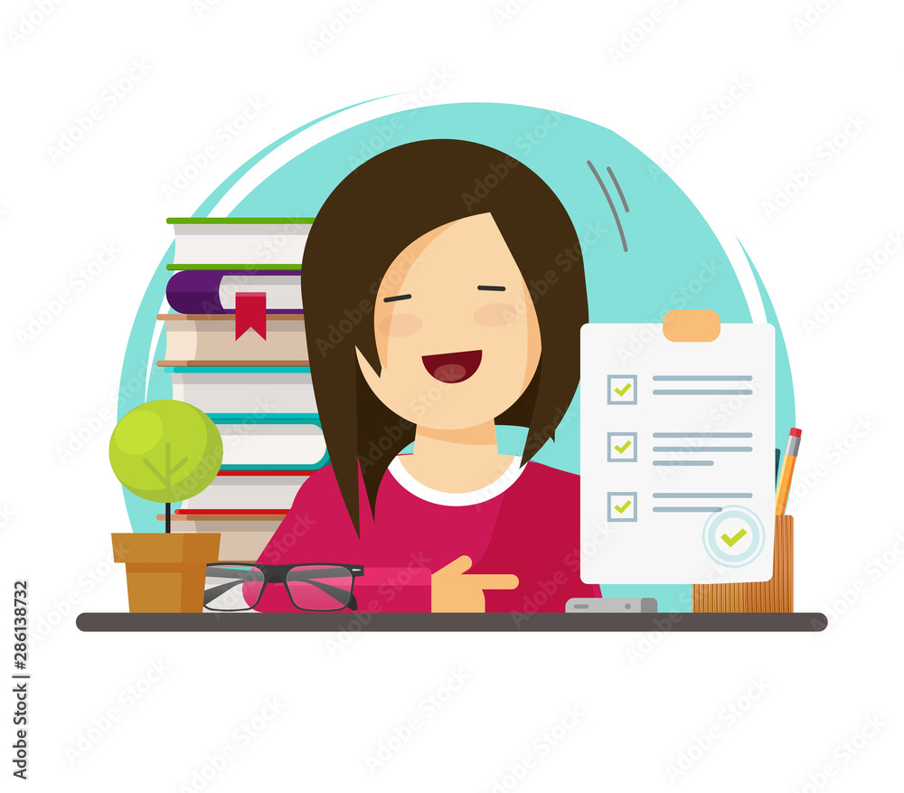 Education exam or test in hand or pupil vector illustration, flat cartoon school or university examination or questionnaire good result and happy woman or girl student passed, study or learning Stock Vector | Education exam or test in hand or pupil vector illustration, flat cartoon school or university examination or questionnaire good result and happy woman or girl student passed, study or learning Stock Vector |