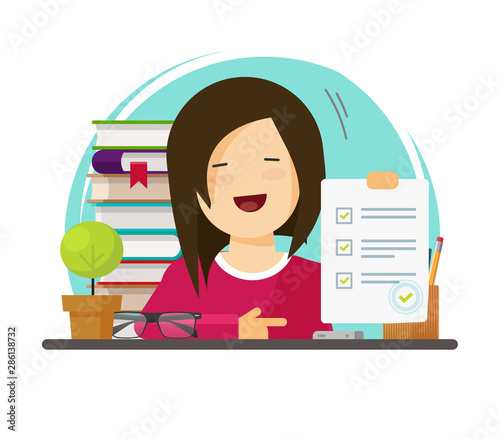 Education exam or test in hand or pupil vector illustration, flat cartoon school or university examination or questionnaire good result and happy woman or girl student passed, study or learning