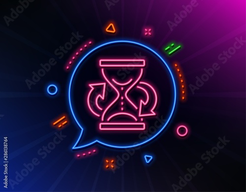 Time hourglass refresh line icon. Neon laser lights. Sand watch sign. Glow laser speech bubble. Neon lights chat bubble. Banner badge with hourglass icon. Vector