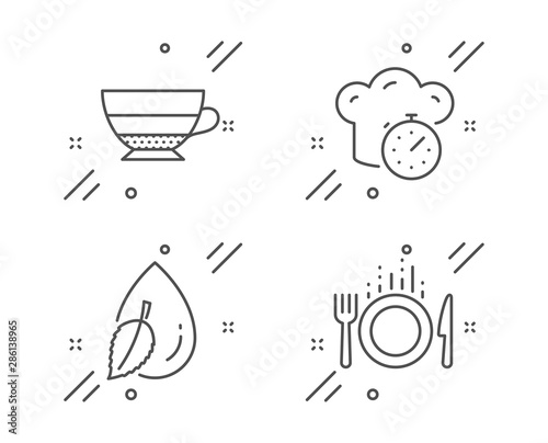 Americano, Cooking timer and Water drop line icons set. Food sign. Beverage cup, Stopwatch, Mint leaf. Cutlery. Food and drink set. Line americano outline icon. Vector