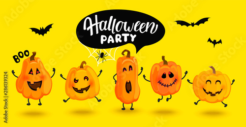 Monster pumpkins invite to Halloween party,banner, poster, greeting card. Cute characters with speech bubble,spider, web and bat. Vegetables in different poses,template for design.Vector illustration.