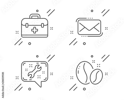 Messenger mail, Spanner and First aid line icons set. Coffee beans sign. New e-mail, Repair service, Medicine case. Roasted seeds. Business set. Line messenger mail outline icon. Vector