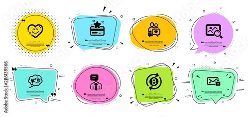 Dating chat, Refresh bitcoin and Smile chat line icons set. Chat bubbles with quotes. Megaphone, Support service and Search photo signs. Secure mail, Loyalty card symbols. Vector