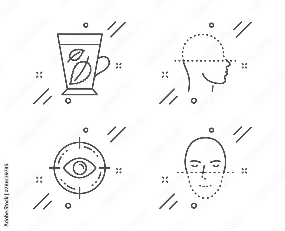 Mint leaves, Eye target and Face scanning line icons set. Face recognition sign. Mentha leaf, Optometry, Faces detection. Faces biometrics. Medical set. Line mint leaves outline icon. Vector Mint leaves, Eye target and Face scanning line icons set. Face recognition sign. Mentha leaf, Optometry, Faces detection. Faces biometrics. Medical set. Line mint leaves outline icon. Vector