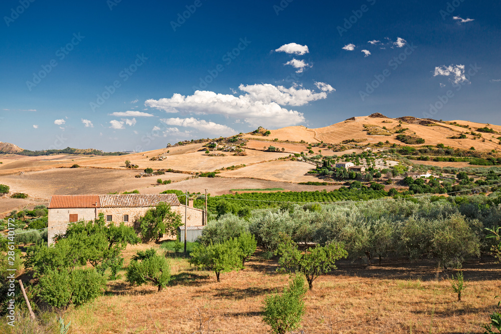 Panoramic view of the cultivated countryside of the interior of Sicily in Italy.