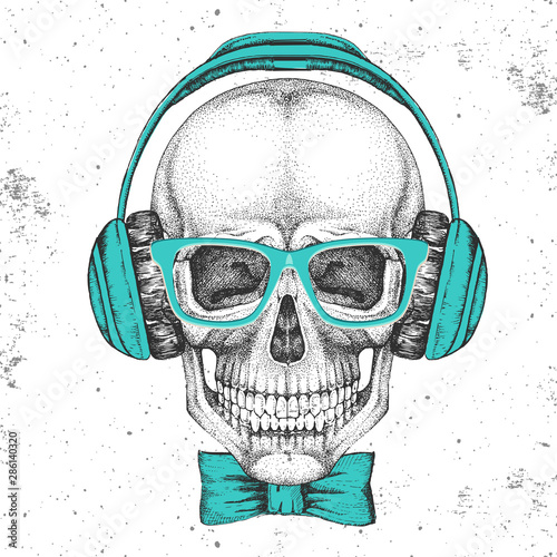 Hand drawing hipster illustration of skull with headphones on grunge background. Hipster fashion style