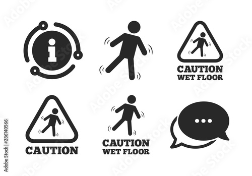 Human falling triangle symbol. Chat, info sign. Caution wet floor icons. Slippery surface sign. Classic style speech bubble icon. Vector