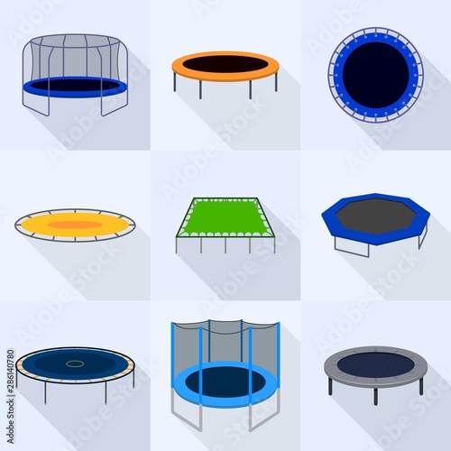Trampoline icons set. Flat set of trampoline vector icons for web design