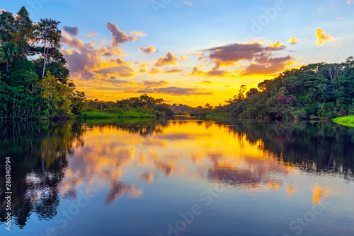 A magic sunset in the Amazon Rainforest inside Yasuni national park. The Amazon rainforest comprise the countries of Ecuador, Peru, Bolivia, Brazil, Colombia, Suriname, Venezuela, French Guyana. photo