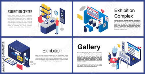 Exhibition center banner set. Isometric set of exhibition center vector banner for web design