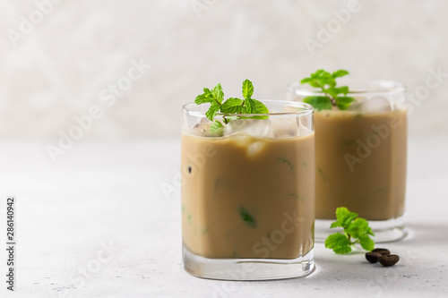 Iced mint coffee. Selective focus, space for text.