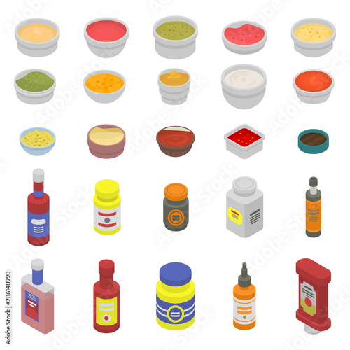 Condiment icons set. Isometric set of condiment vector icons for web design isolated on white background