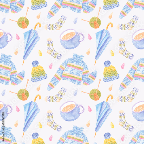 Watercolor pattern with cozy autumn elements, like umbrella, socks, sweater and other. Collection of elements for party, fall festival or Thanksgiving day. Wrapping paper, fabric, background