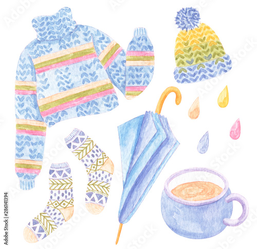 Watercolor set with autumn and winter warm things. Cozy autumn hand drawn illustration. Hygge lifestyle illustrations.