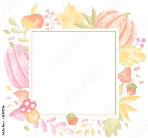 Square frame with various autumn elements. Maple, oak, apples, pumpkin, mushrooms. Can be used as invitation, card, poster, flyer. Place for your text © cheesyfox