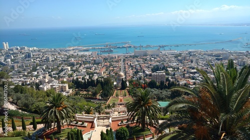 The urban landscape of Haifa, Israel, is seen from the Bahai Gardens.