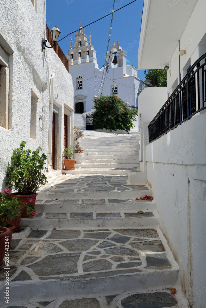 Naklejka premium White steps leading to Panagia Filotitissa Greek Orthodox church, Filoti, Naxos, Greek Islands 