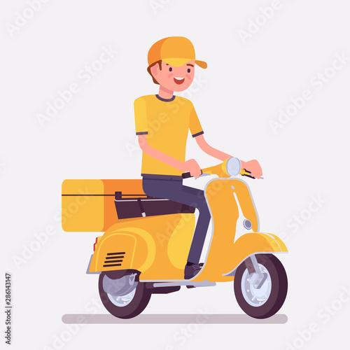 Scooter delivery boy. Courier service worker delivers food, order or parcel to customer, online ordering express city shipping. Vector flat style cartoon illustration isolated on white background