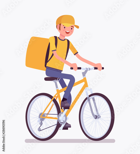 Bicycle delivery boy. Courier service worker riding a bike delivers food, order or parcel to customer, online ordering city shipping. Vector flat style cartoon illustration isolated, white background