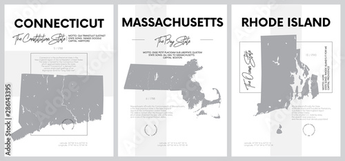 Vector posters with highly detailed silhouettes of maps of the states of America, Division New England - Connecticut, Massachusetts, Rhode Island - set 2 of 17