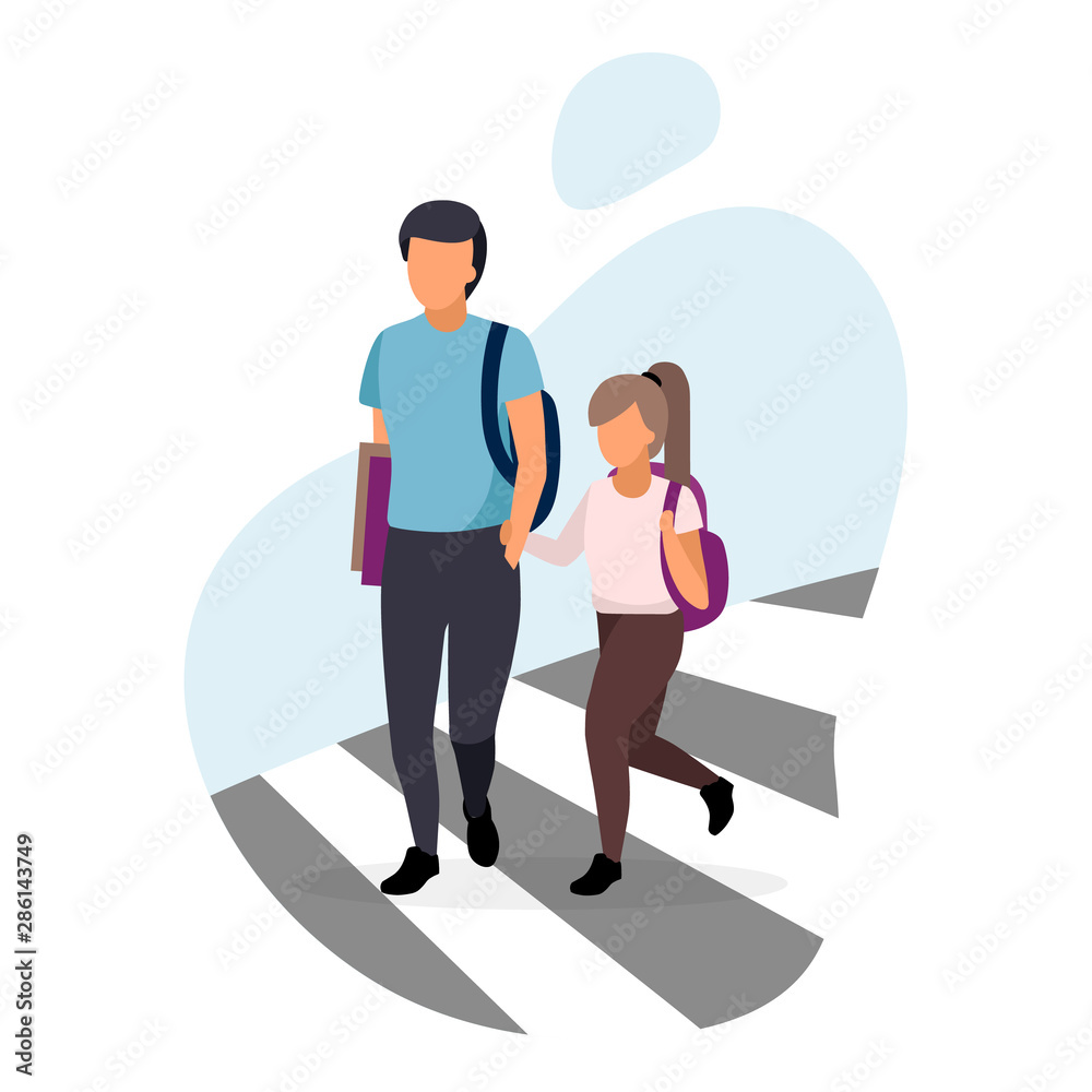 Schoolchildren crossing the road flat illustration. Older brother with younger sister holding hands on crosswalk cartoon characters. Preteen schoolgirl and teenage schoolboy on white background